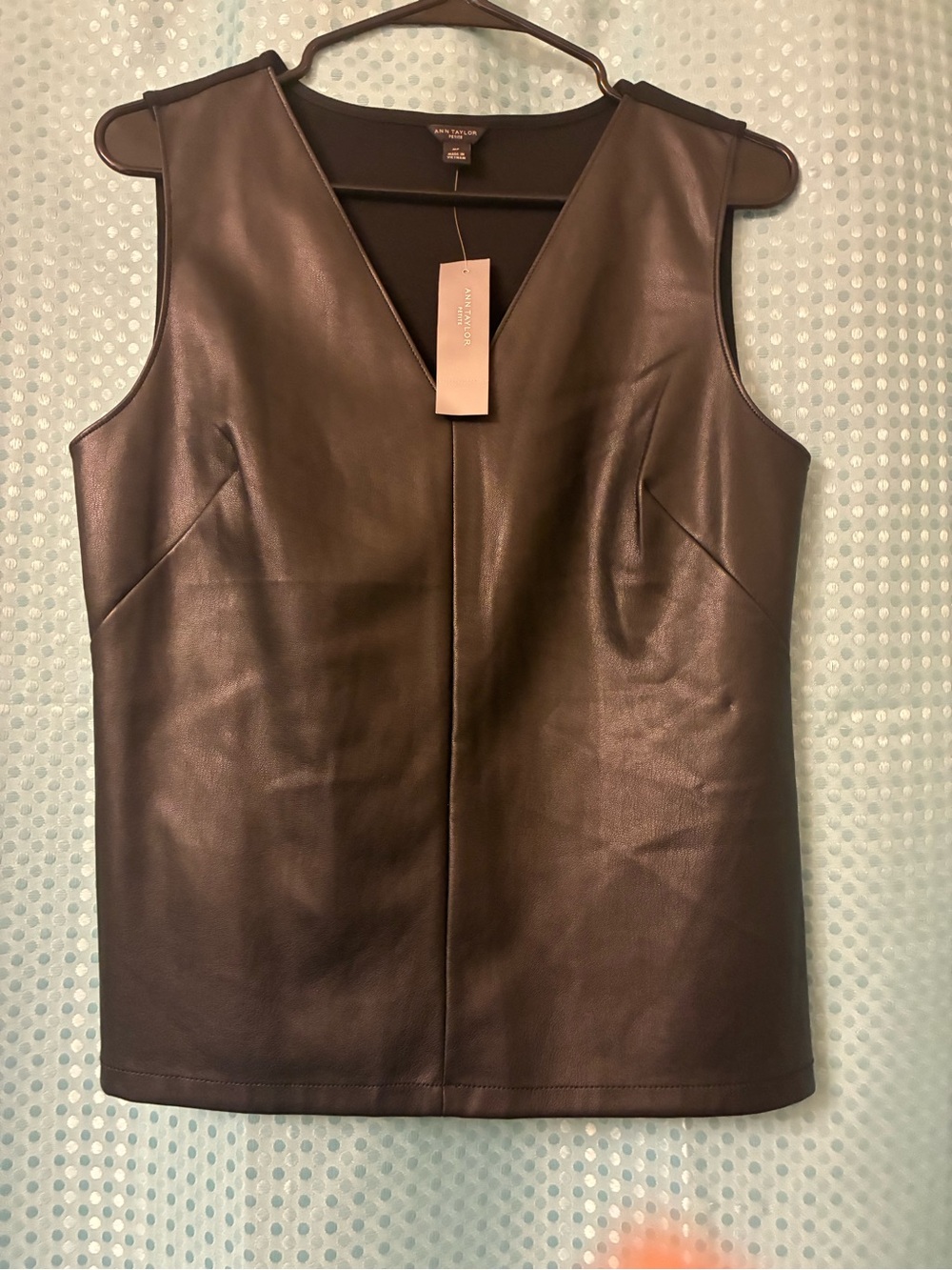 Ann Taylor Black Faux Leather V-Neck Sleeveless top